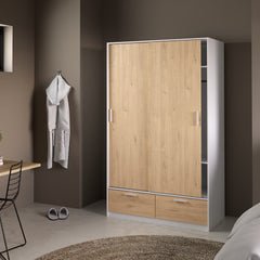 Line Wardrobe with 2 Doors + 2 Drawers in White and Jackson Hickory Oak