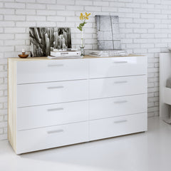 Pepe Wide Chest of 8 Drawers (4+4) in Oak with White High Gloss