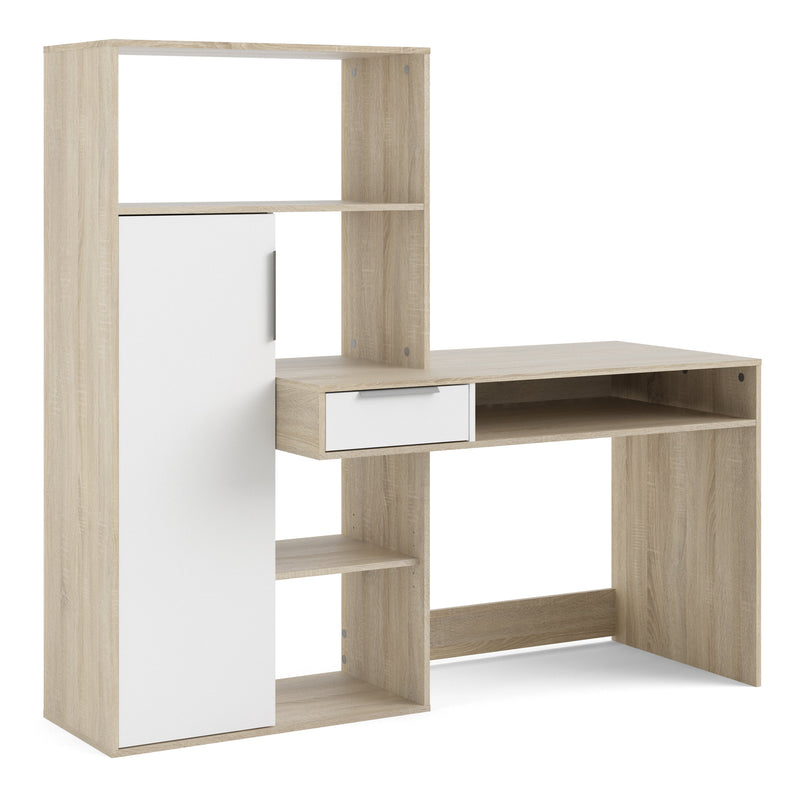 Function Plus Desk multi-functional Desk with Drawer and 1 Door in White and Oak