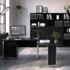 Prima Corner desk top in Black woodgrain with Silver grey steel legs