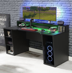 Tezaur Gaming Desk 2 Shelves with LED in Matt Black
