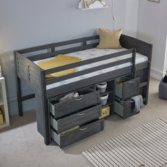 Cosy Grey Solid Wooden Mid Sleeper Storage Bed - 3ft Single