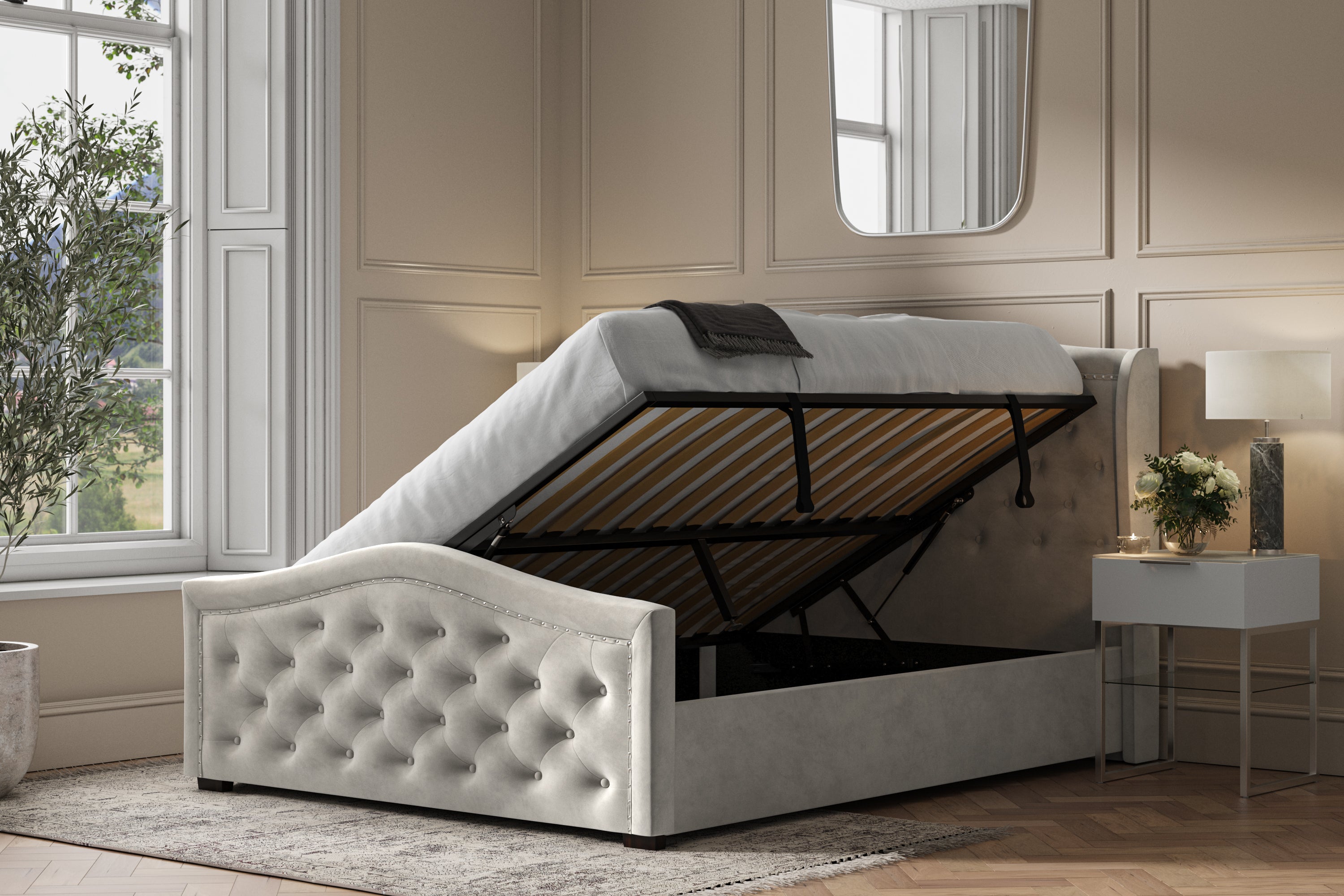 Draeg Fabric Ottoman Storage Bed Frame Side-Lift Grey Velvet