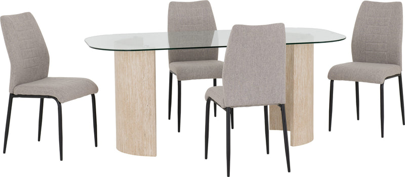 Modena Dining Set with Chilton Chairs Clear Glass/Cream Marble Effect/Grey Fabric