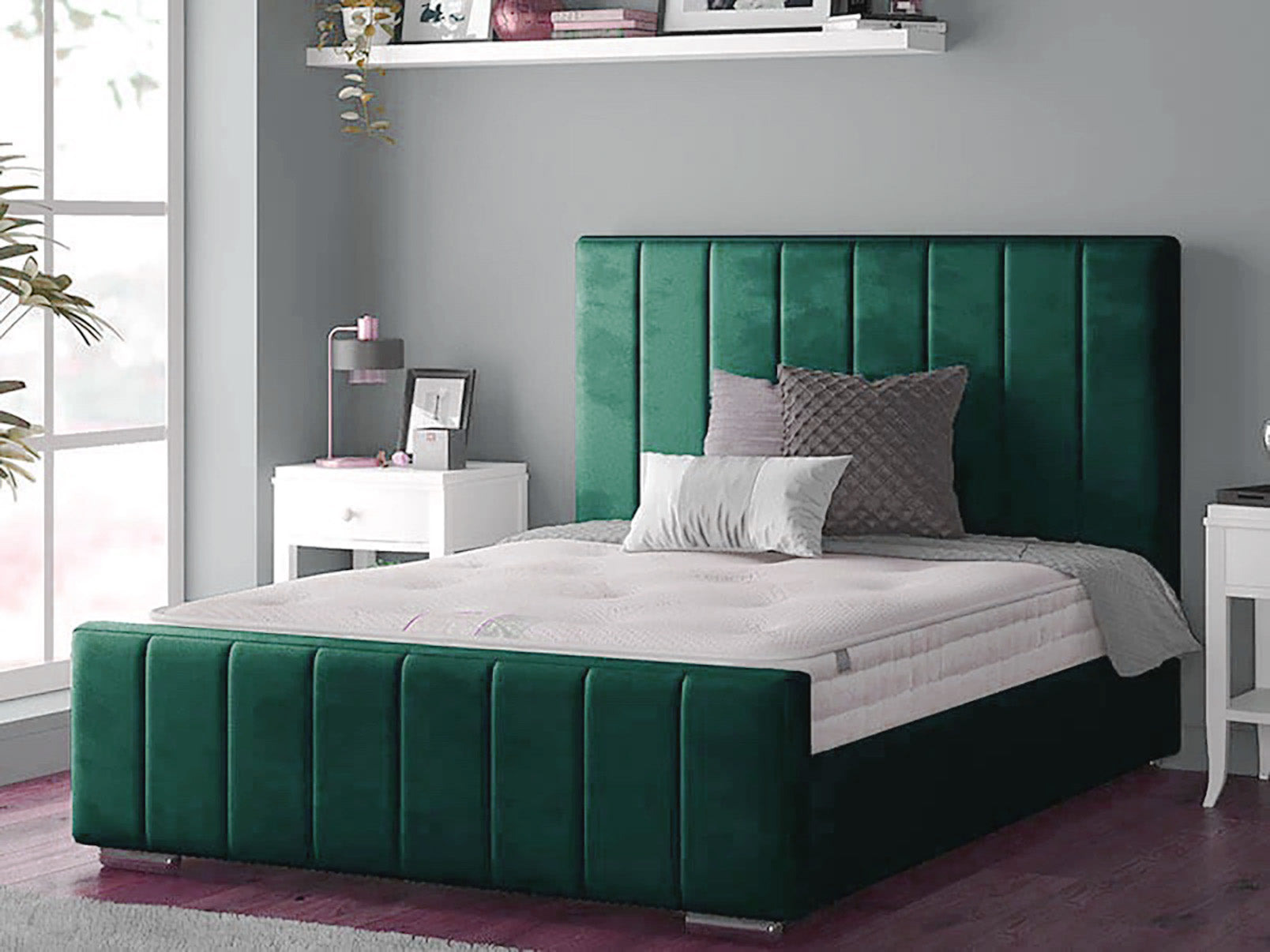 Perth Slatted Bed Frame With Ottoman Lift Storage Option - Plush Velvet Emerald-Green