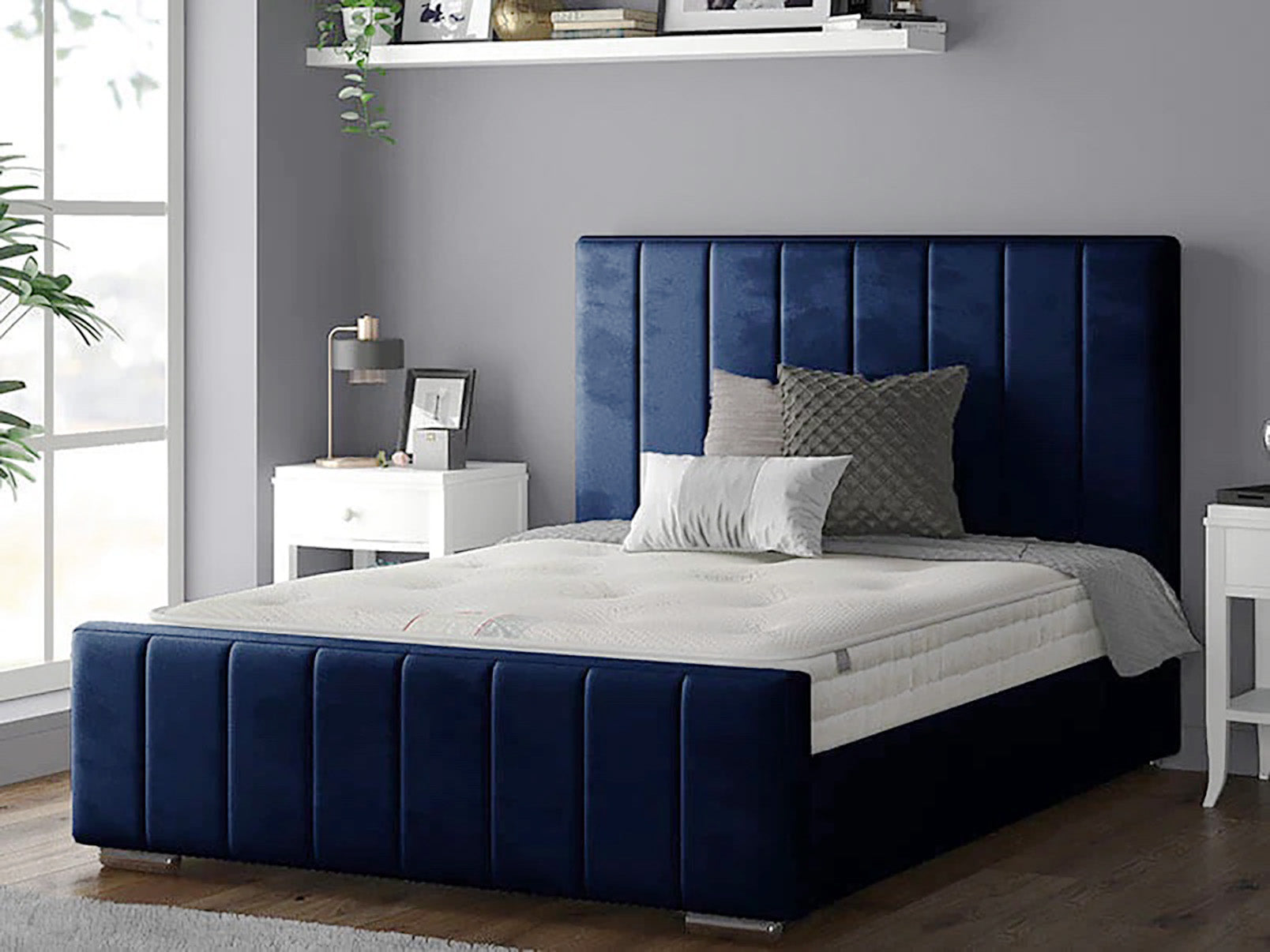 Perth Slatted Bed Frame With Ottoman Lift Storage Option - Plush Velvet Navy Blue