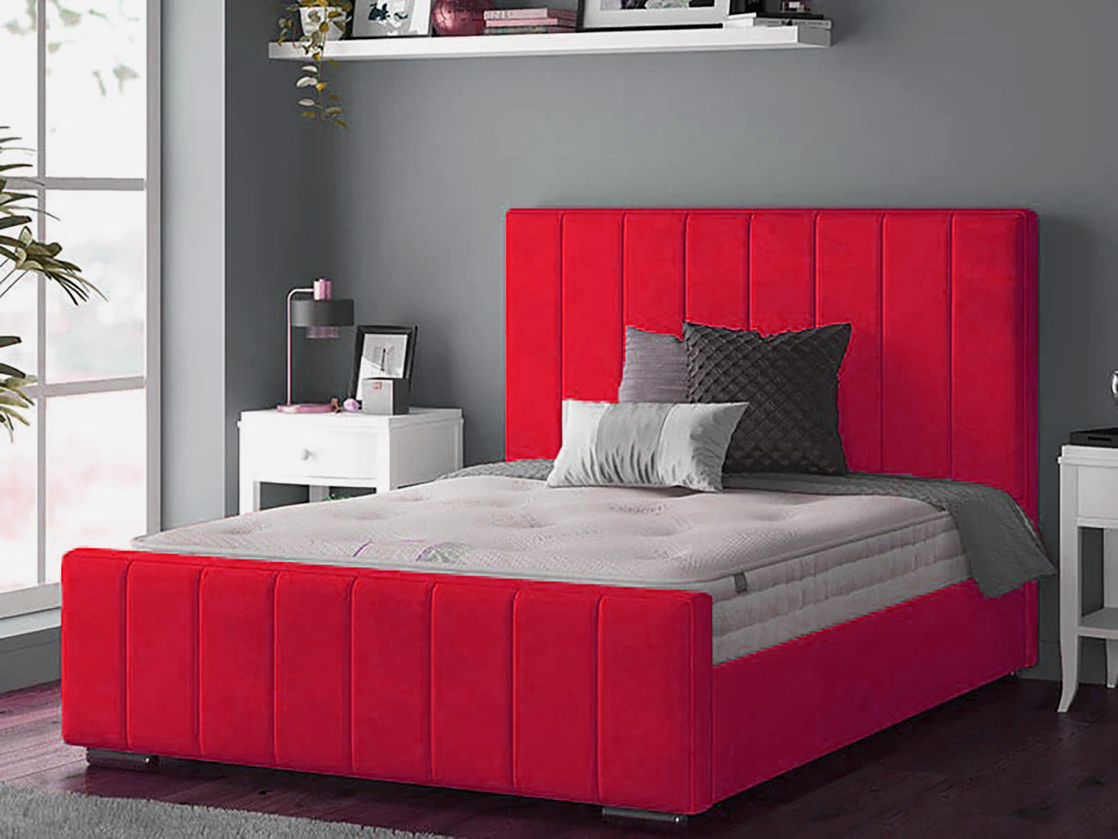 Perth Slatted Bed Frame With Ottoman Lift Storage Option - Plush Velvet Red