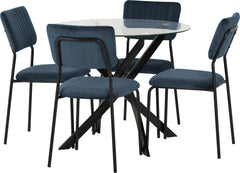 Sheldon Round Glass Top Dining Set Clear Glass/Black/Navy Blue Velvet Fabric