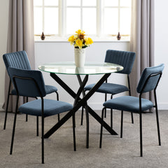 Sheldon Round Glass Top Dining Set Clear Glass/Black/Navy Blue Velvet Fabric