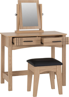 Tessa 2 Drawer Dressing Table Set Natural Oak Effect/Black Faux Leather