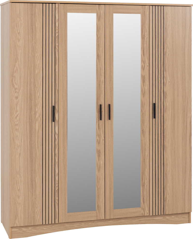 Tessa 4 Door Mirrored Wardrobe Natural Oak Effect