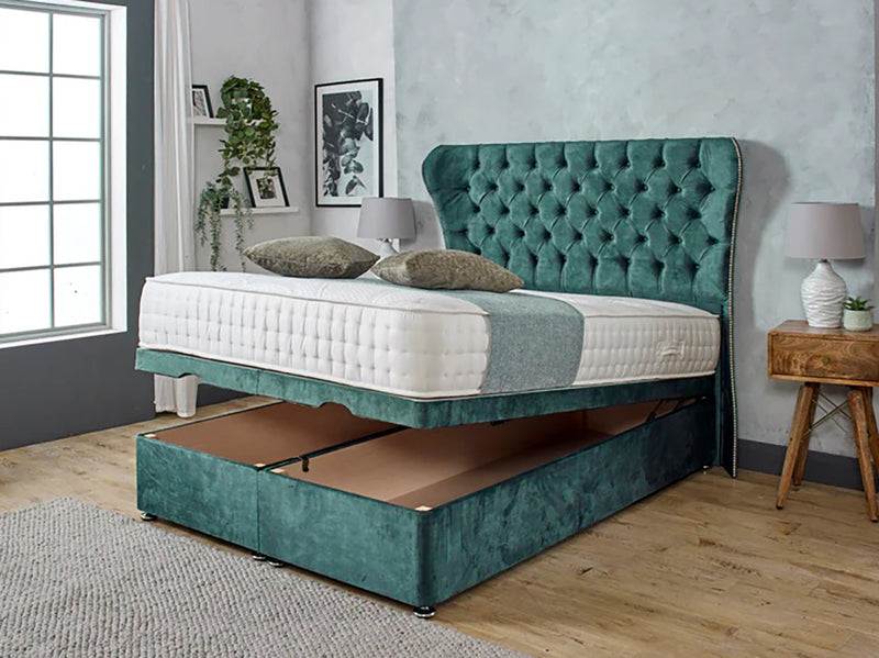 Belgravia Wide Headboard Bed Frame Ottoman Storage - Plush Velvet Emerald Green