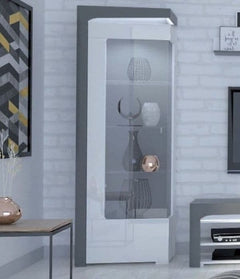 Athens Grey And White Gloss  LEFT Display Cabinet with Glass Door and LED Lights