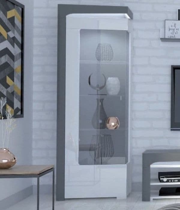 Athens Grey And White Gloss  LEFT Display Cabinet with Glass Door and LED Lights