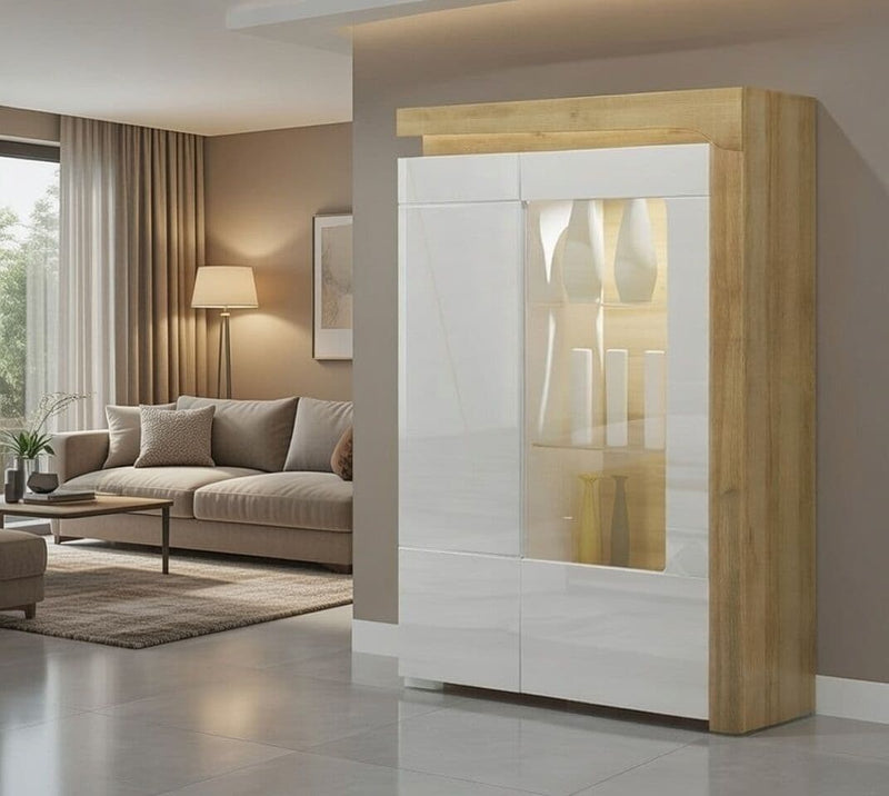 Cadillac Oak Effect And White Gloss Low Wide Display Cabinet with LED Lights