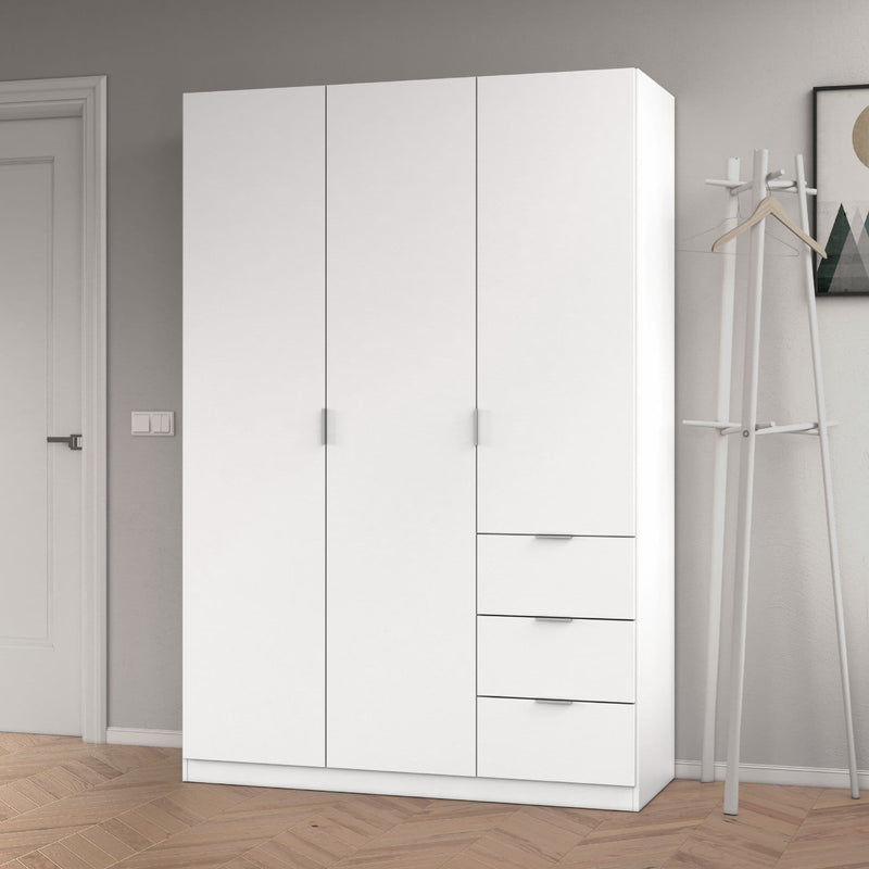 Cairo Artic White Compact 3 Door 3 Drawer Space-Saving 135cm Wardrobe