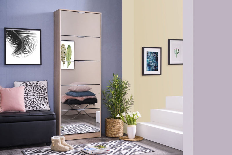 Carrera Mirrored and Oak Effect Tall 5 Drawer Shoe Cabinet