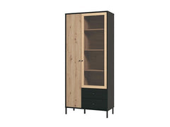 Clifton Slatted Artisan Oak Effect And Black 2 Door Display Cabinet