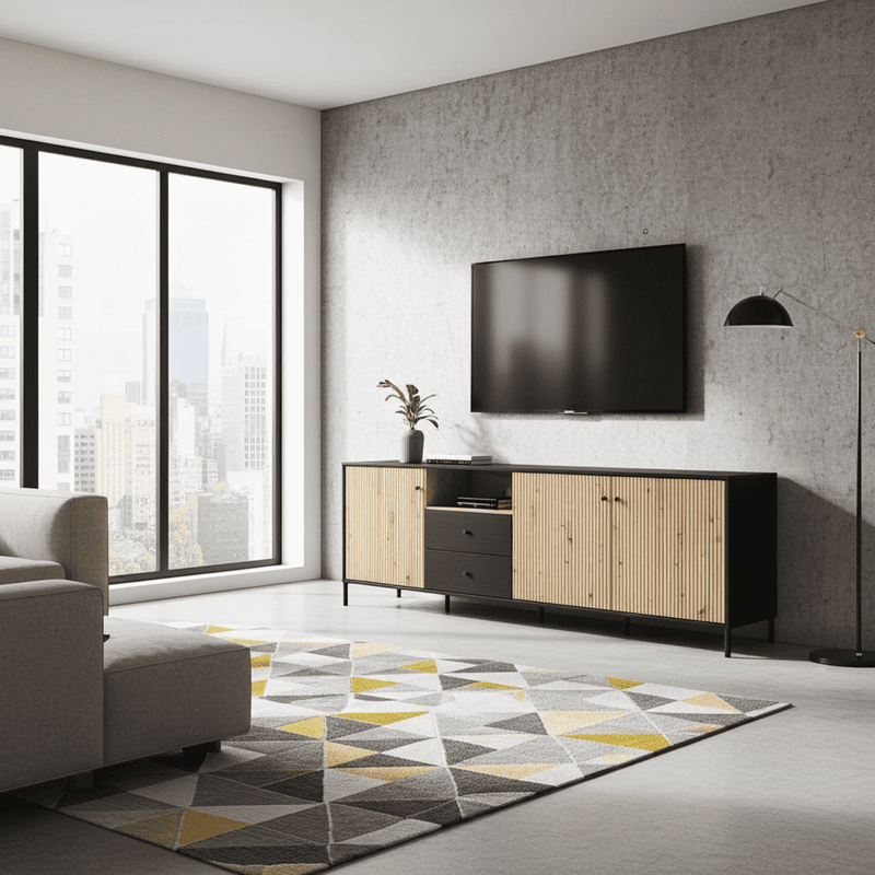 Clifton Slatted Artisan Oak Effect And Black TV Unit