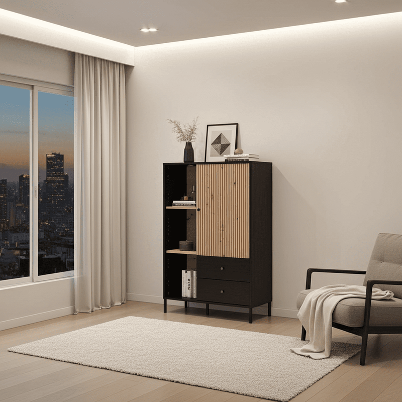 Clifton Slatted Artisan Oak Effect Black Low Display Cabinet