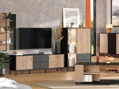 Clifton Slatted Artisan Oak Effect Black Low Display Cabinet