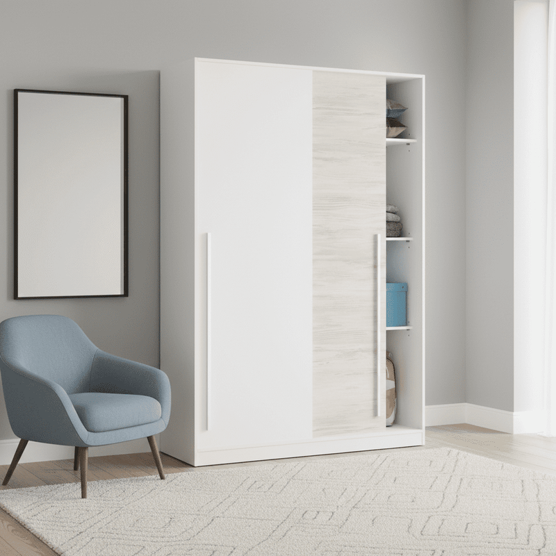 Columbus Artic White and White Oak Effect Small Narrow Sliding 2 Door Wardrobe 120cm Wide