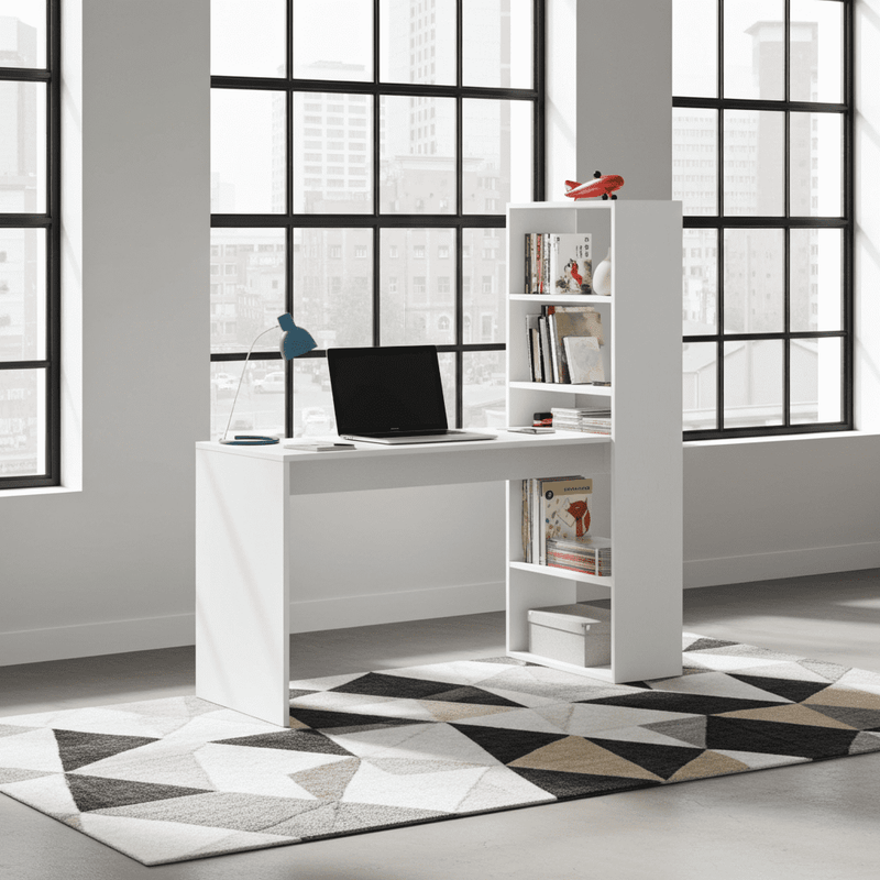 Double Matt White Computer Desk Table with Bookcase