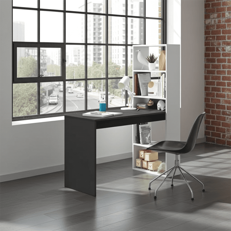 Double White and Grey Effect Computer Desk Table with Bookcase