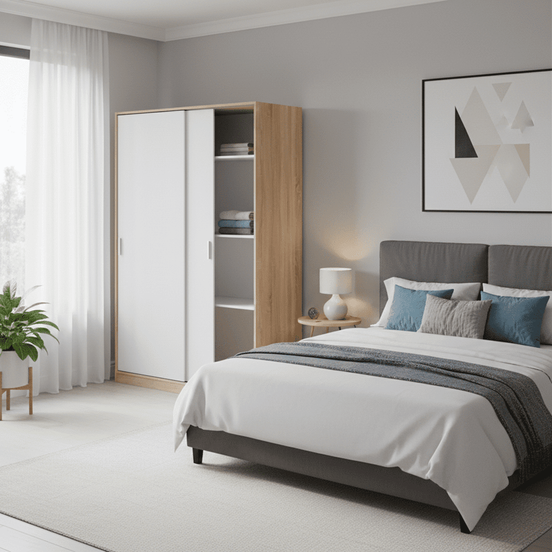 Durham Artic White and Oak Effect Small Narrow Sliding 2 Door Wardrobe 120cm Wide