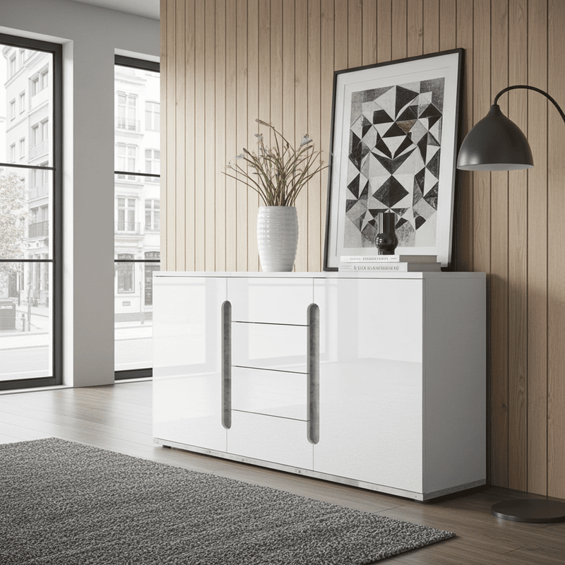 Elise White High Gloss And Grey 2 Door / 4 Drawer Sideboard