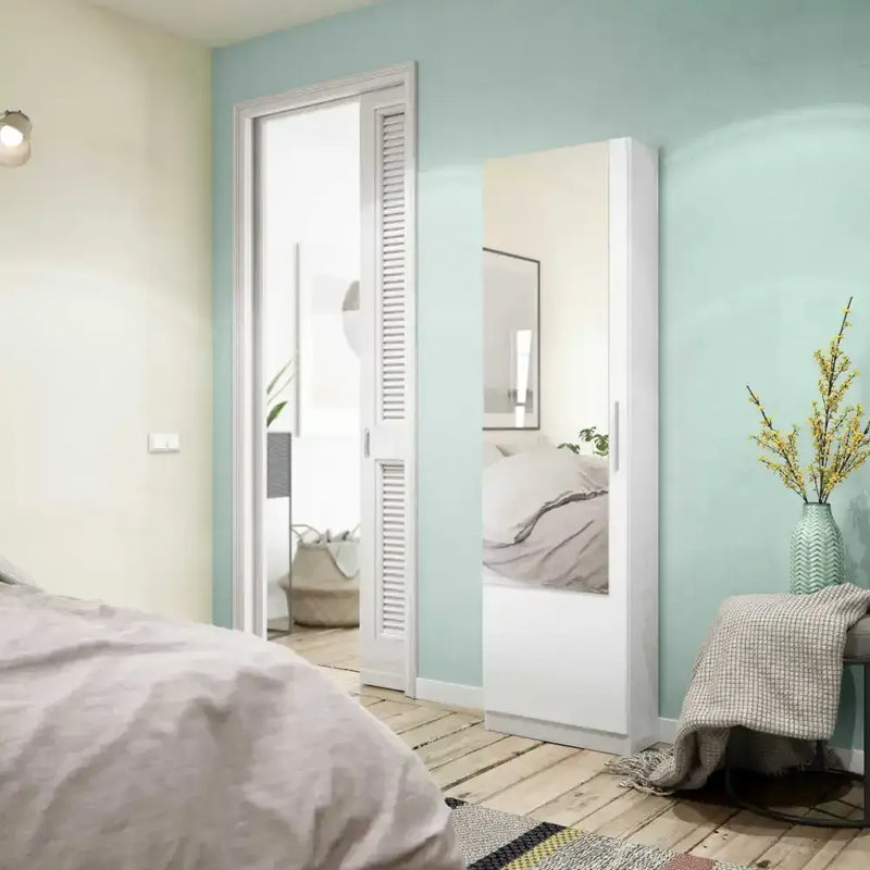 Giovanni Artic White Tall Shoe Cabinet 1 Mirrored Door 14-16 Pairs