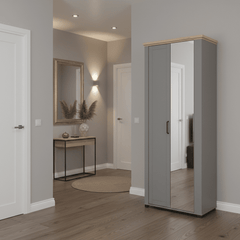 Havertz Grey And Artisan Oak Slim Narrow Shallow Depth Mirrored Wardrobe