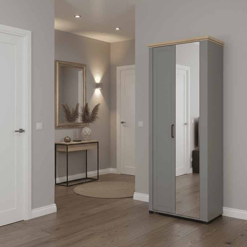 Havertz Grey And Artisan Oak Slim Narrow Shallow Depth Mirrored Wardrobe