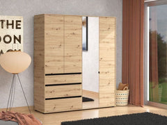 Kyoto Artisan Oak Effect 4 Door 3 Drawer Mirrored Wardrobe