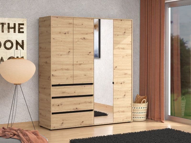 Kyoto Artisan Oak Effect 4 Door 3 Drawer Mirrored Wardrobe