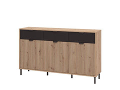 Martinique Artisan Oak Effect Slatted And Black 3 Door Sideboard