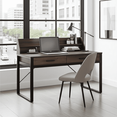 Reusch Dark Walnut Effect Writing Study Desk with Drawers and Hutch