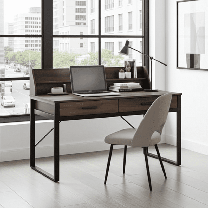 Reusch Dark Walnut Effect Writing Study Desk with Drawers and Hutch