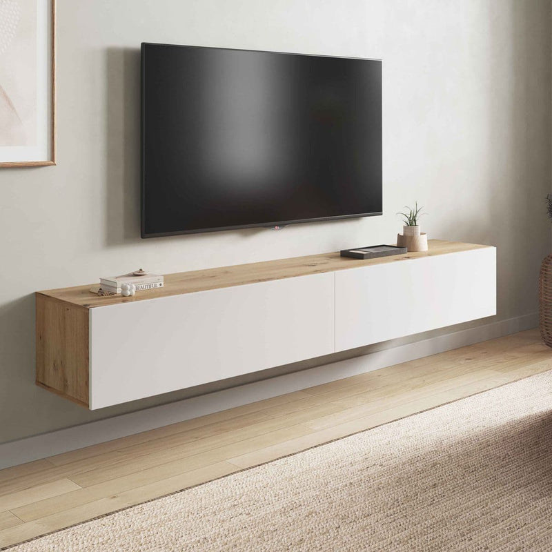 Reyes Nordic Oak Effect And White Wall Mounted Floating Wide Large TV Unit