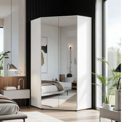 Santino Full Mirrored and White 2 Door Corner Wardrobe