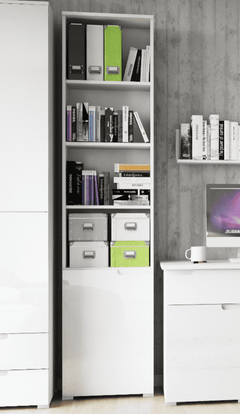 Santino Tall Narrow Bookcase with White Gloss Door