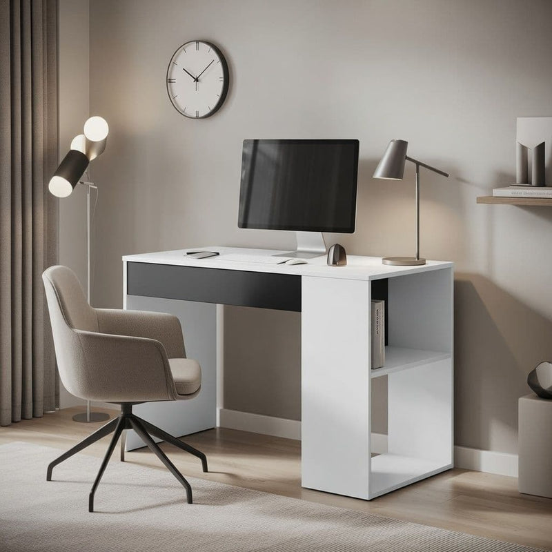 Sesko Grey and White Desk with Drawer and Shelves