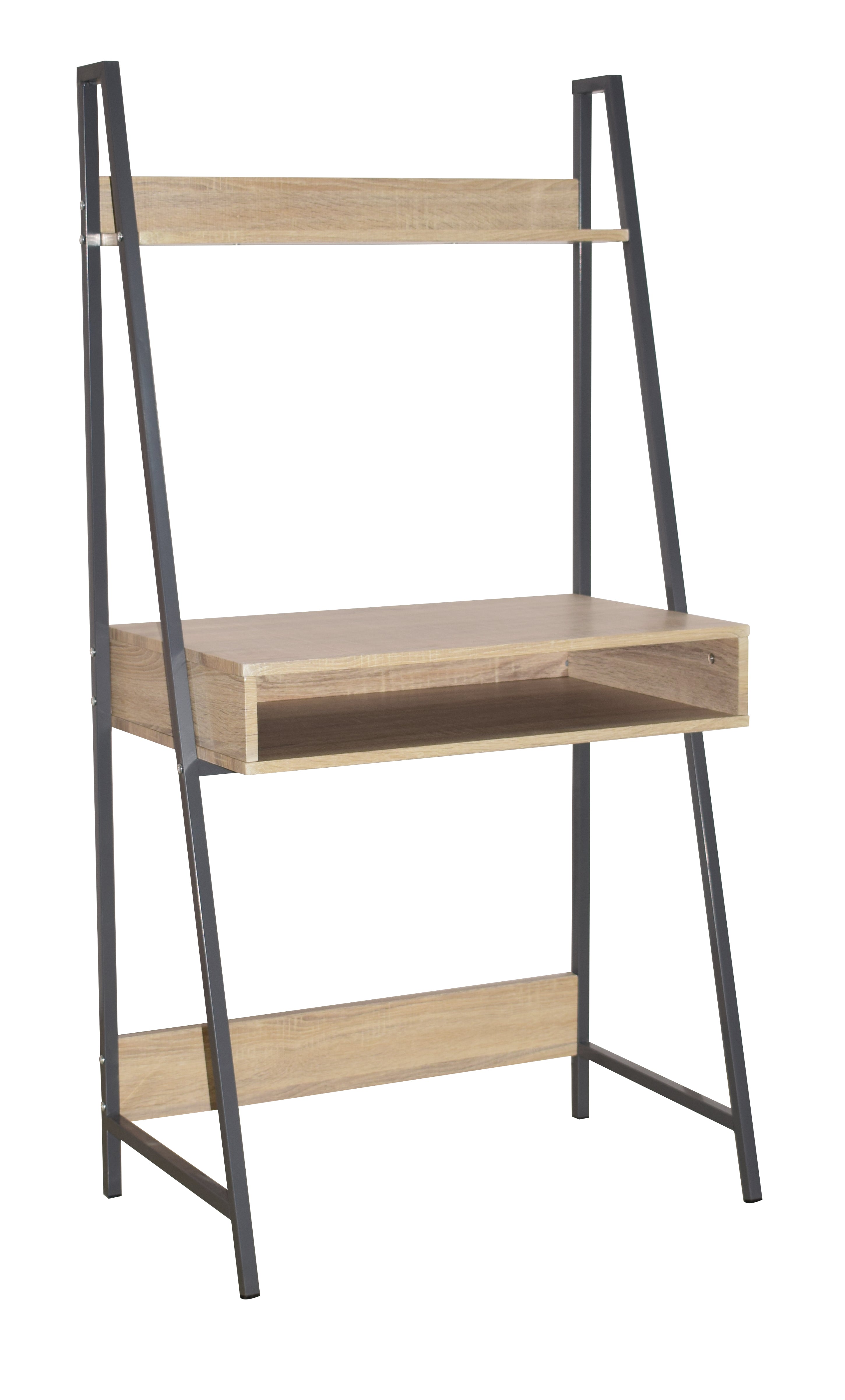 Ladder Bookcase Desk With Oak Effect and Grey Metal Frames
