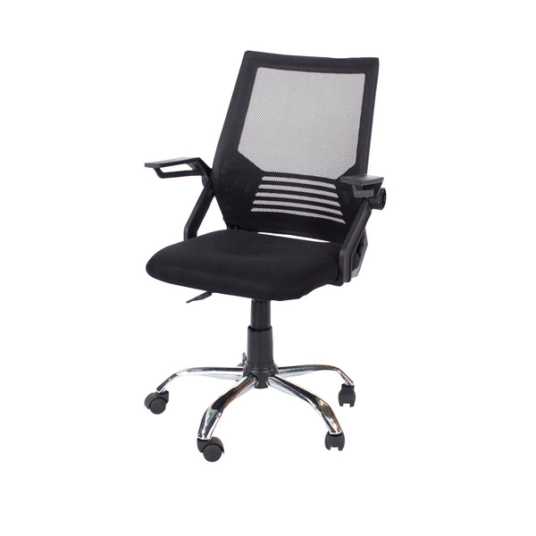 Study Chair With Arms, Black Mesh Back, Black Fabric Seat & Chrome Bas