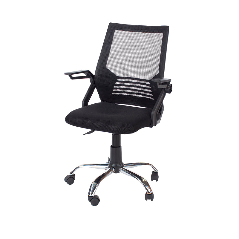 Study Chair With Arms, Black Mesh Back, Black Fabric Seat & Chrome Base
