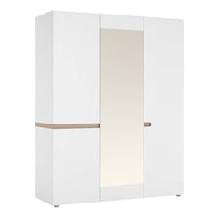 Chelsea 3 Door Wardrobe with mirror and Internal shelving in White with Oak Trim