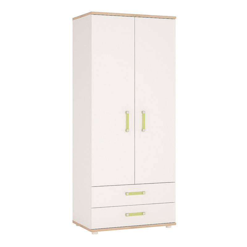 4Kids 2 Door 2 Drawer Wardrobe in Light Oak and white High Gloss (lemon handles)