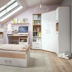 4Kids Corner Wardrobe in Light Oak and white High Gloss (lilac handles)