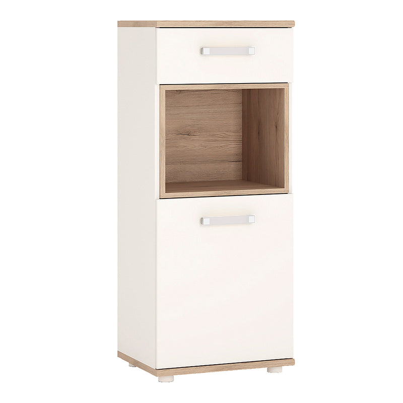 4Kids 1 Door 1 Drawer Narrow Cabinet in Light Oak and white High Gloss (opalino handles)