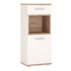 4Kids 1 Door 1 Drawer Narrow Cabinet in Light Oak and white High Gloss (lilac handles)